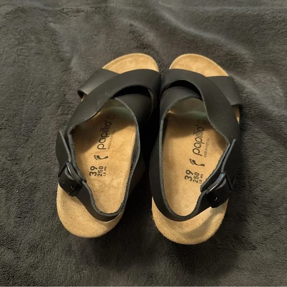 NWOT Papillio Black Leather "Samira" Wedge Sandals, Size 39, Narrow Width. - Picture 2 of 6